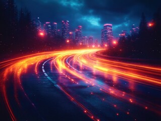 A vibrant urban scene featuring dynamic light trails of speeding vehicles on a highway, set against a backdrop of a futuristic city skyline at night.