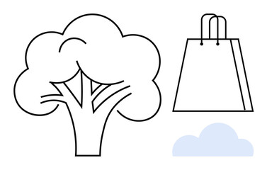 Tree with branches and leaves, shopping bag with handles, cloud in the background. Ideal for environmental awareness, eco-friendly shopping, sustainability, nature conservation, green consumerism