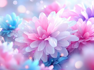Obraz premium A vibrant, abstract design featuring colorful flowers in pink, purple, and blue hues. The soft lighting and dreamy atmosphere create a cinematic effect.