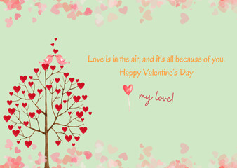 Vector illustration watercolor design of Valentine greeting card with love tree and text on mint background. Valentine celebration, greeting cards, Happy Valentines Day.