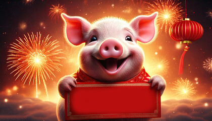 joyful smiling cartoon pig holding a glowing -Happy Chinese New Year- banner