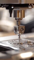  Close-up of industrial embroidery machine crafting intricate design on fabric, highlighting mechanical precision, detailed craftsmanship, and efficiency in modern textile manufacturing.