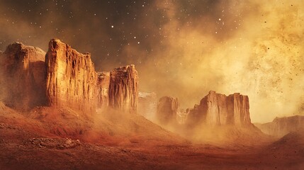 Fiery Sunset Illuminates Desolate Alien Landscape: Stunning Digital Painting in a Dramatic, Futuristic Style. AI Generated
