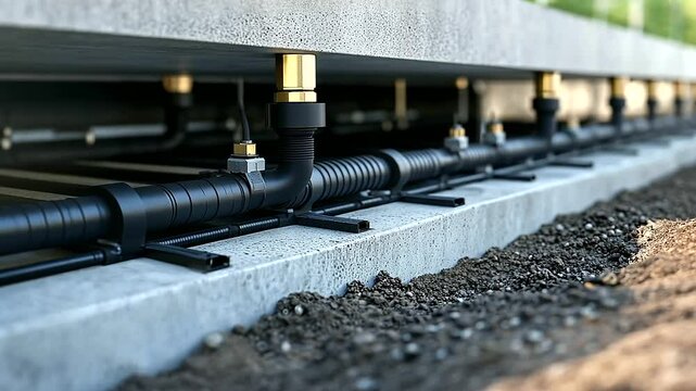 Hydronic pipes under a concrete base, with detailed clamps and insulation layers visible, demonstrating a clean and efficient heating system