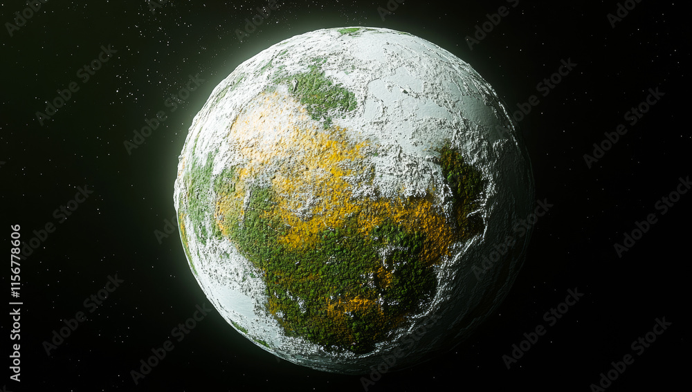 Poster a planet with a green and yellow surface. the planet is surrounded by stars and is the center of the