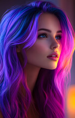 Fototapeta premium A woman with purple hair is looking at the camera. The hair is long and has a purple and blue color