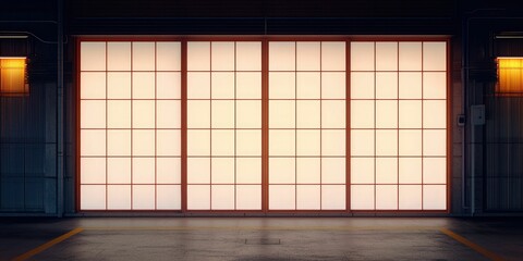 Illuminated Shoji Screen Door in a Dark Garage.