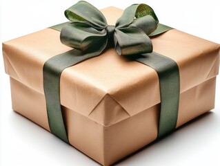 A beautifully wrapped gift box with a shiny ribbon in shades of brown and green, isolated on a white background.