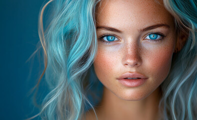 Naklejka premium A woman with blue hair and blue eyes. She has a light skin tone and a slightly puffy face