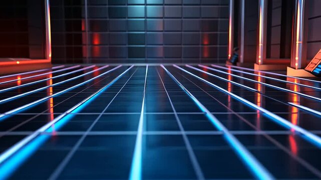 A detailed view of radiant heating pipes laid in a herringbone pattern, under smooth tiles, with a faint glow symbolizing heat flow