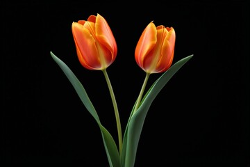 there are two orange flowers in a vase on a black background