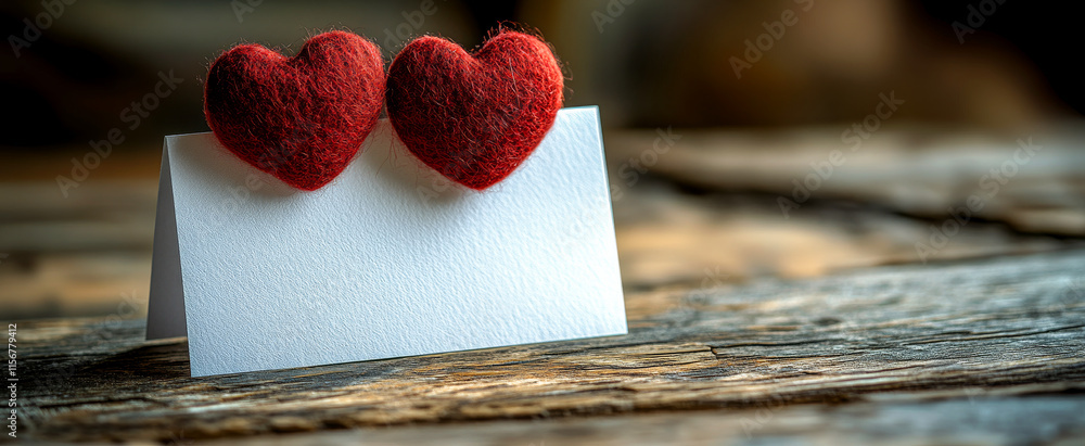 Aufkleber a white card with two red hearts on it. the card is on a wooden table. the card is empty and ready t
