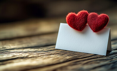 A white card with two red hearts on it. The card is on a wooden table. The card is blank and ready to be written on