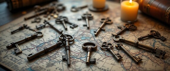 Antique Keys Scattered on Vintage Map: A Nostalgic Still Life