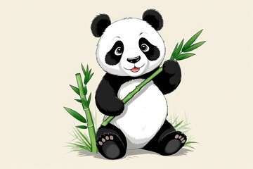 panda bear sitting on the ground with a bamboo stalk in its hand
