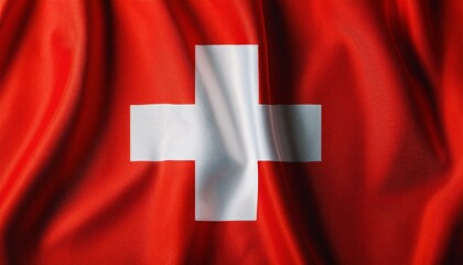 Top view of a Swiss flag on a white surface, featuring ample empty space for text