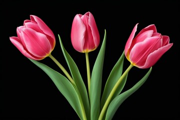 Fototapeta premium there are three pink tulips in a vase on a black background