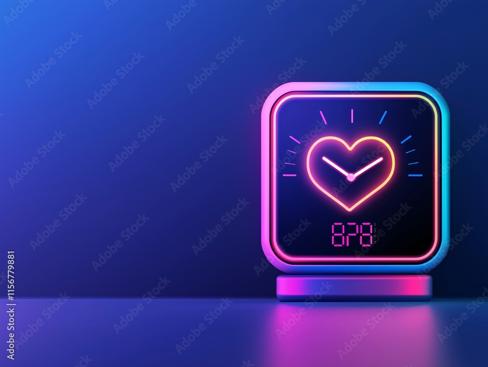 Poster a modern digital clock with a glowing heart design integrated into the display, set against a futuri