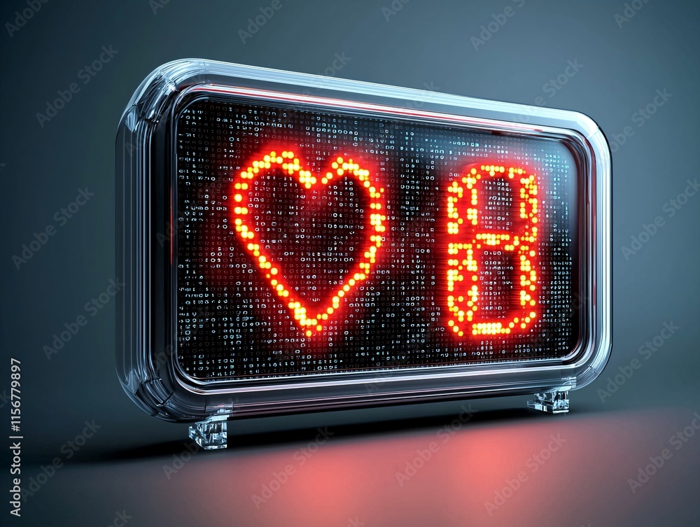 Aufkleber a modern digital clock with a glowing heart design integrated into the display, set against a futuri