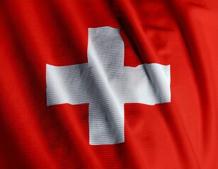 Top view of a Swiss flag on a white surface, featuring ample empty space for text