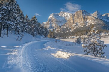 Serene Winter Landscape with Snow-Covered Trees and Majestic Mountains Under Clear Blue Sky in Idyllic Natural Setting for Scenic Imagery