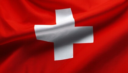 Top view of a Swiss flag on a white surface, featuring ample empty space for text