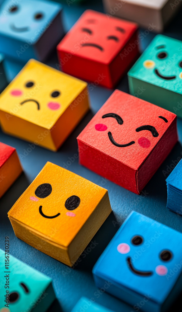 Poster a row of colorful wooden blocks with faces on them, some of which are smiling and some are frowning