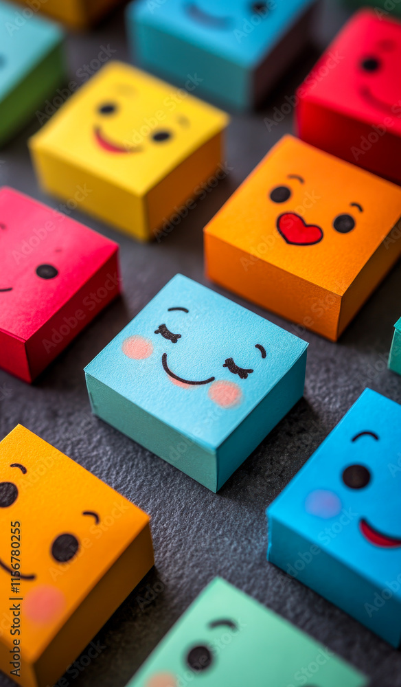 Poster a row of colorful wooden blocks with faces on them, one of which has a smiling face and a heart