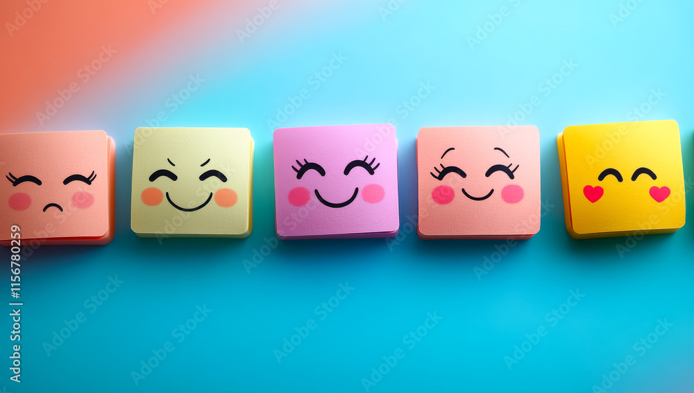 Poster a row of five smiling faces with hearts on them. the faces are all different colors and sizes