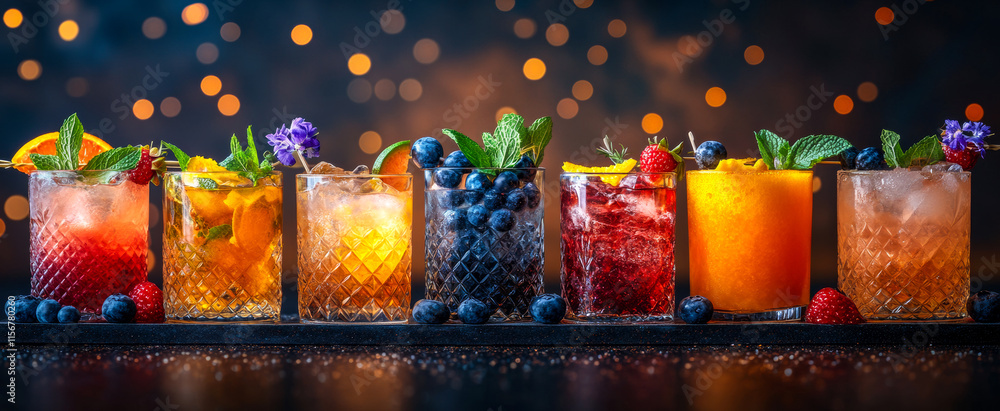 Poster a row of colorful drinks with a blueberry garnish. the drinks are arranged in a row on a table