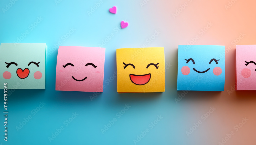 Poster a row of colorful sticky notes with smiling faces on them. scene is cheerful and positive