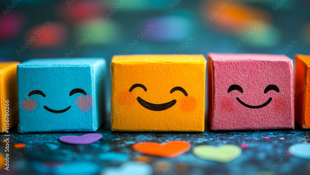 Poster a row of colorful blocks with smiling faces on them. the blocks are arranged in a row, with the firs