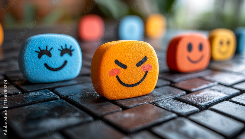 Poster three different colored blocks with smiling faces on them. the blue block has a smile with eyes and 