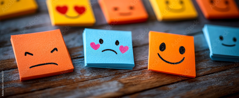 Poster a collection of colorful sticky notes with different facial expressions, including a frowning face a