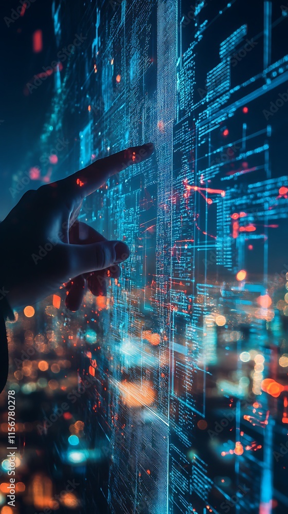 Poster hand pointing at digital code on a screen, city lights in background. concept of technology, program