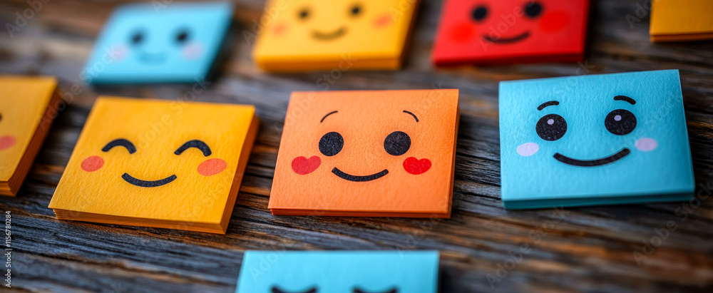 Poster a collection of smiley faces made of paper. the faces are of different colors and sizes, and they ar