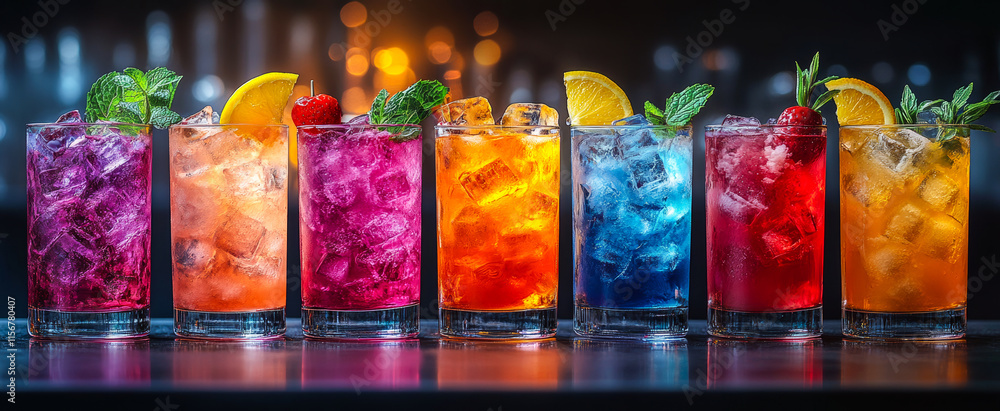 Poster a row of colorful drinks on a table. the drinks are in different colors and are arranged in a row