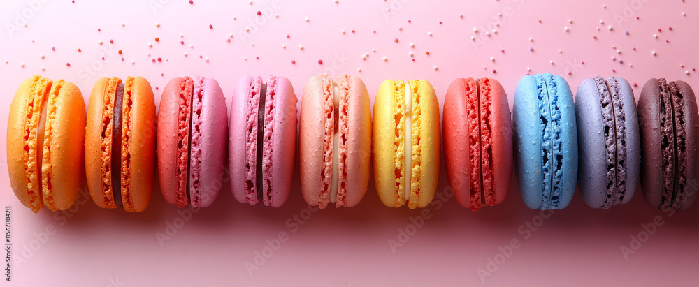 Poster a row of colorful macarons on a pink background. the macarons are arranged in a line, with each one 