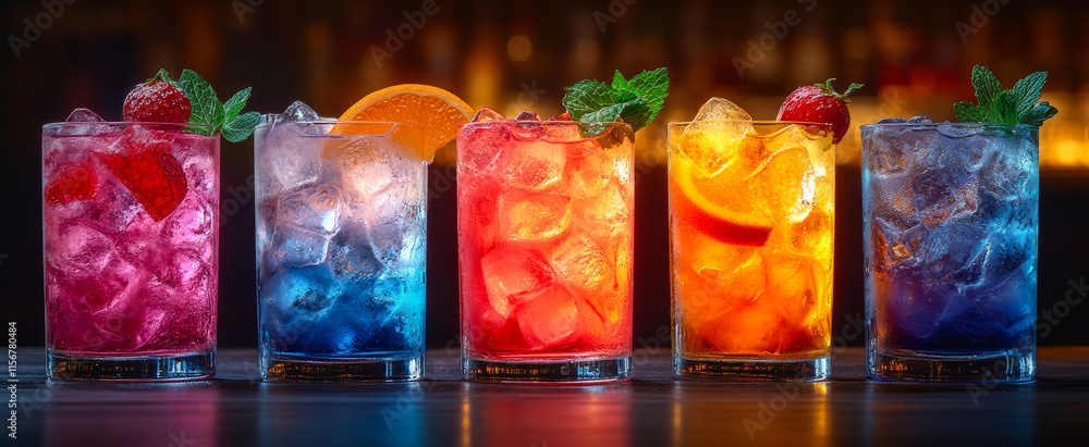 Poster a row of colorful drinks with a blue drink in the middle. the drinks are on a table with a dark back