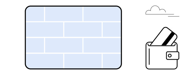 Rectangular wall with brick pattern beside wallet holding credit cards under stylized cloud. Ideal for finance, security, online transactions, payment systems, personal finance, technology