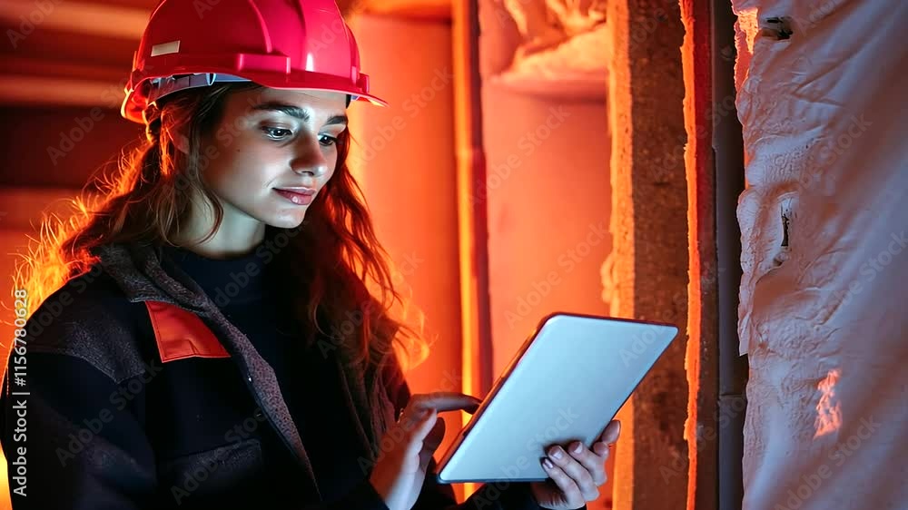 Poster a focused shot of a worker using infrared technology on a tablet to evaluate energy efficiency in an