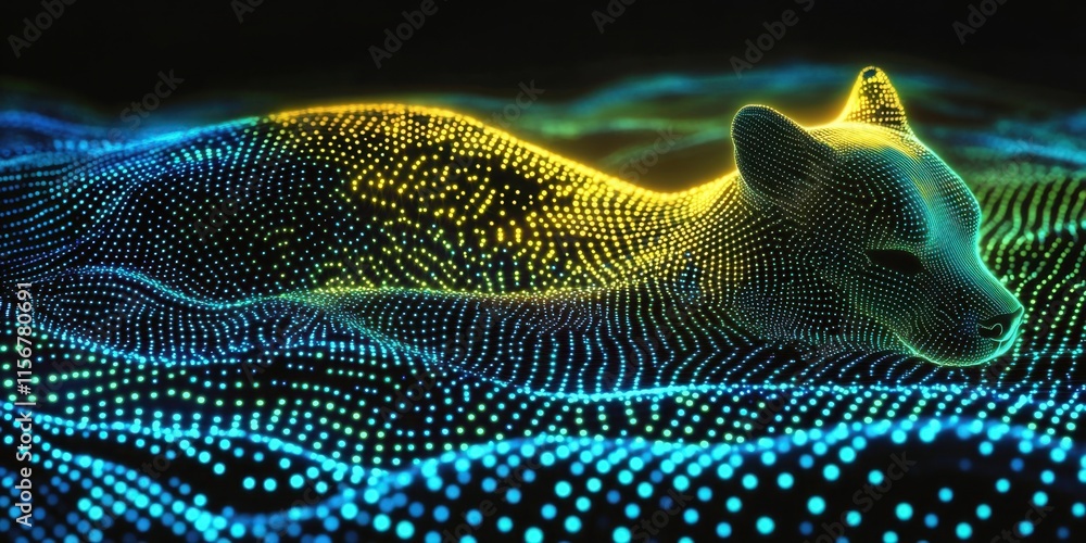 Poster digital cougar resting on a glowing particle wave abstract art