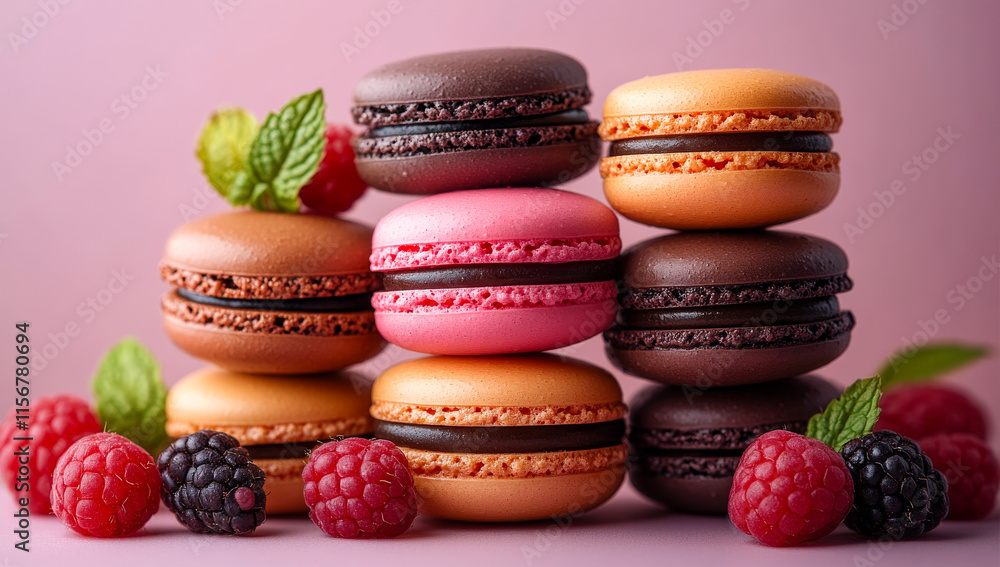 Poster a stack of different colored macarons with raspberries on top. the macarons are arranged in a pyrami