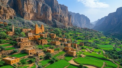Obraz premium A scenic view of a village nestled in lush greenery surrounded by towering cliffs.