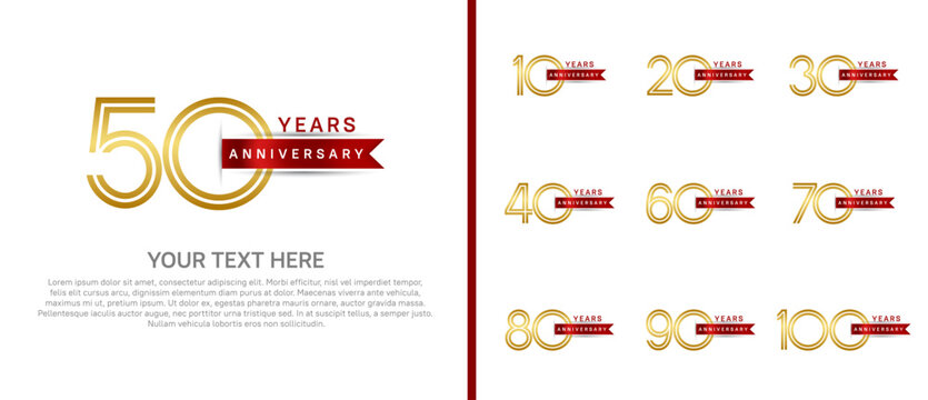 logo anniversary set. gold color with red ribbon on white background for special event - Powered by Adobe