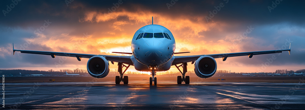 Poster a large jetliner is parked on a runway with the sun setting in the background. the plane is the main