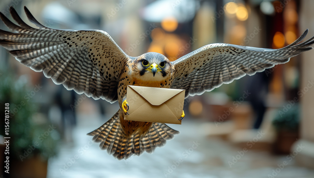 Poster a bird is flying with an envelope in its talons. the bird is carrying the envelope as if it were a h