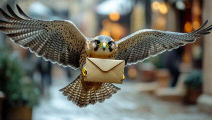 A bird is flying with an envelope in its talons. The bird is carrying the envelope as if it were a human
