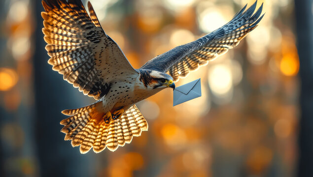 A bird is flying with an open envelope in its talons. The bird is a hawk, and the envelope is a letter. The scene is set in a forest, with trees in the background