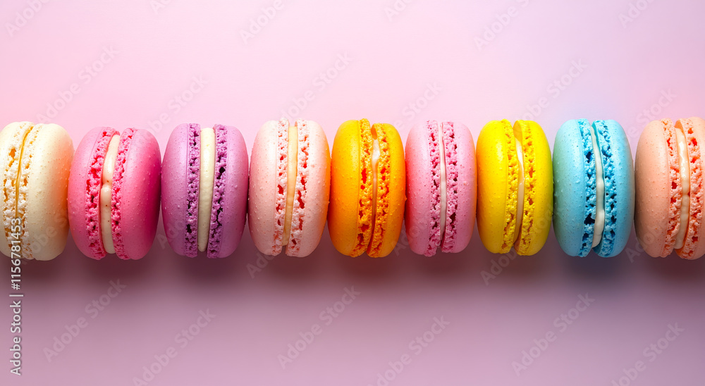Poster a row of colorful macarons are lined up on a pink background. the macarons are of different colors a